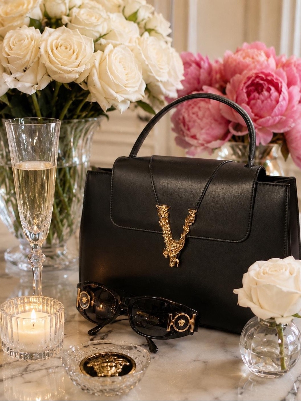 Versace virtus Black Leather Top-Handle Satchel with Gold V Medusa Accent